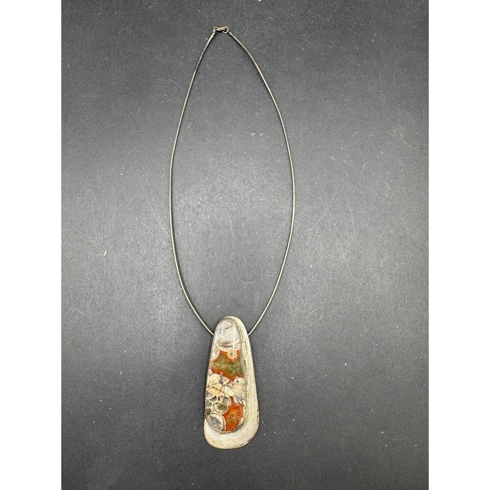 Vintage JMF Signed Sterling Silver 925 Big Agate Pendant Necklace Snake Chain